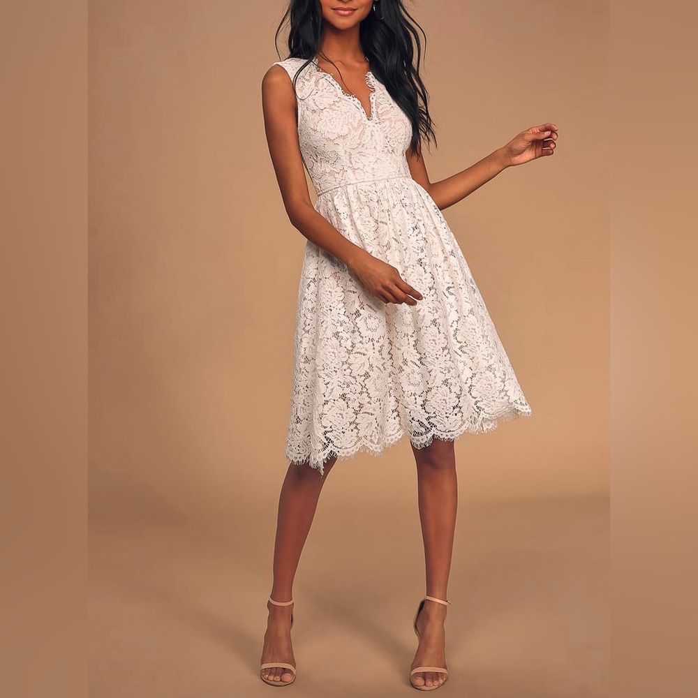 Lulus Love Swept White Lace Midi Skater Dress With Pockets Size Small